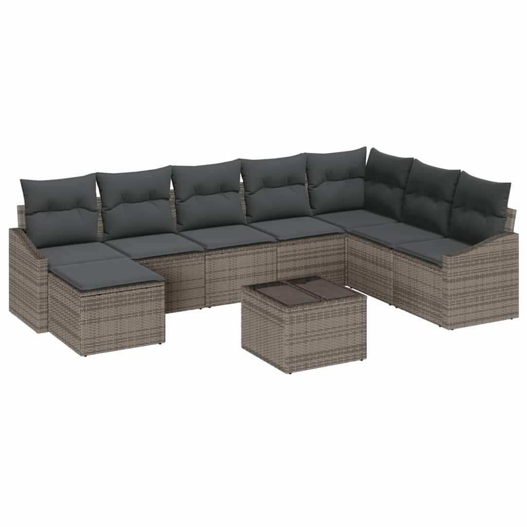 Sofa Set with Cushion 9 pcs Grey Poly Rattan