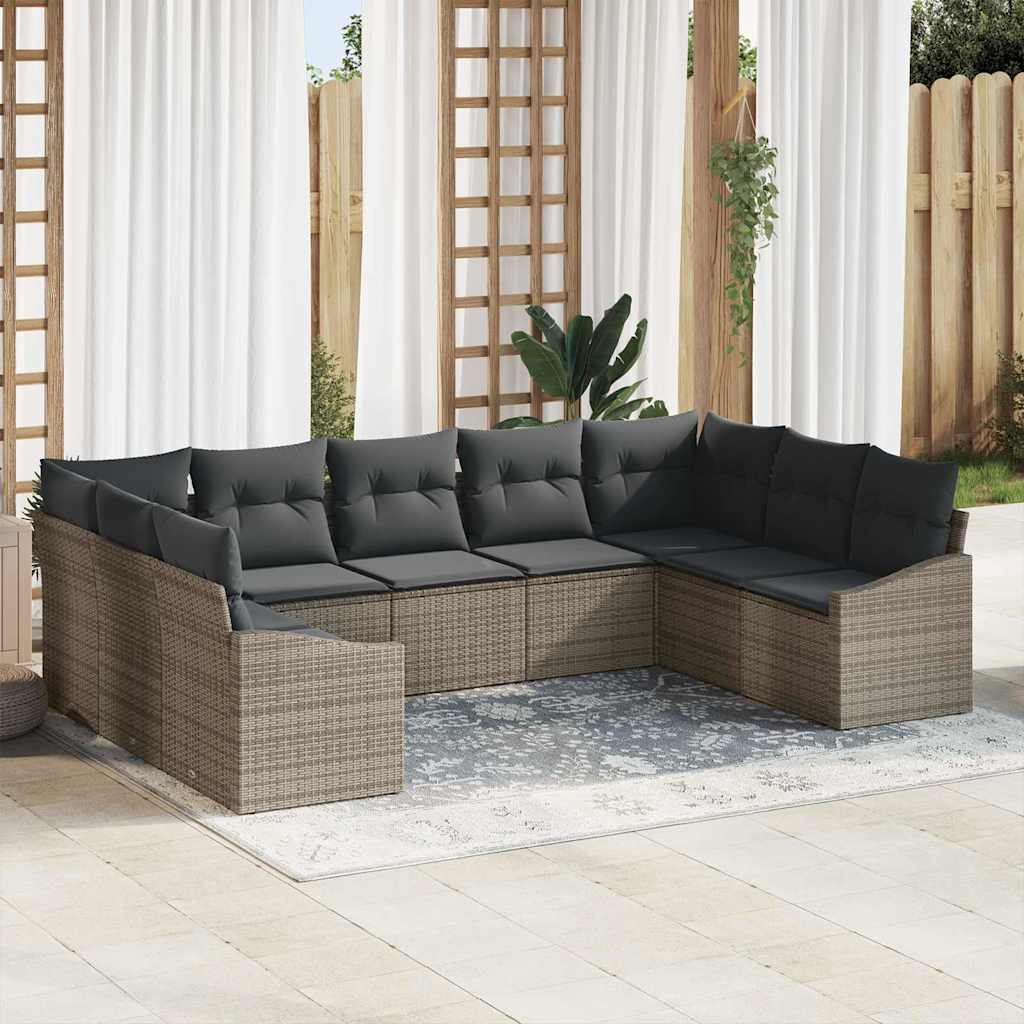 Sofa Set with Cushion 9 pcs Grey Poly Rattan