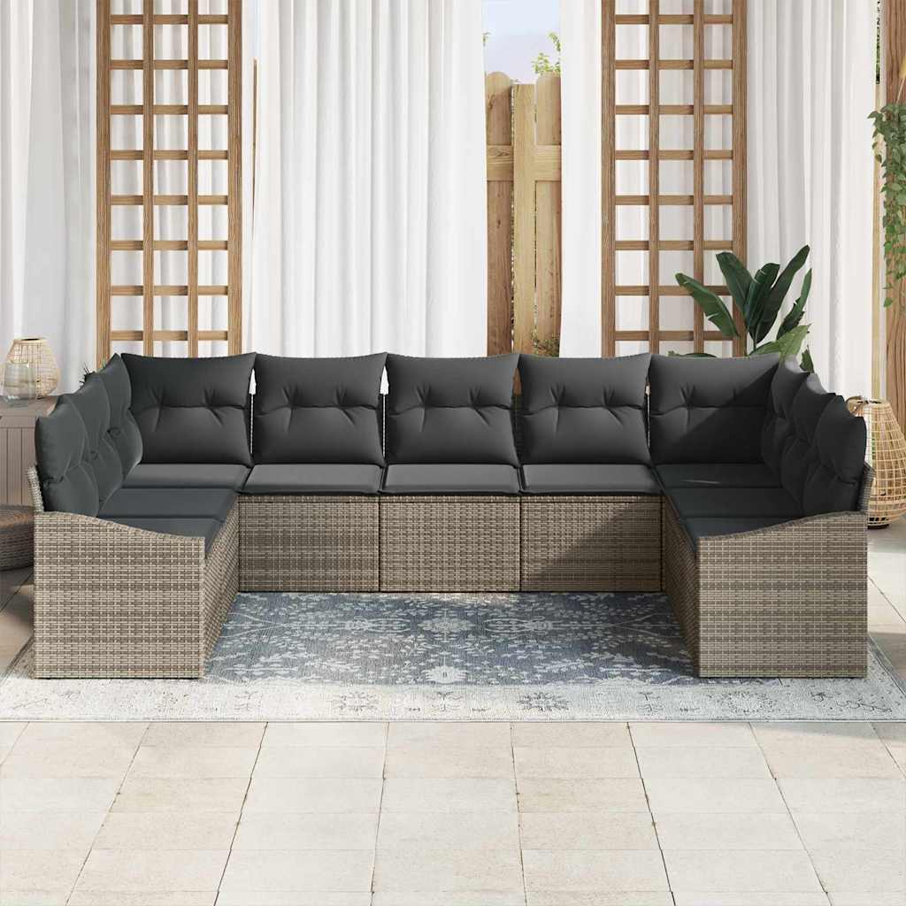 Sofa Set with Cushion 9 pcs Grey Poly Rattan