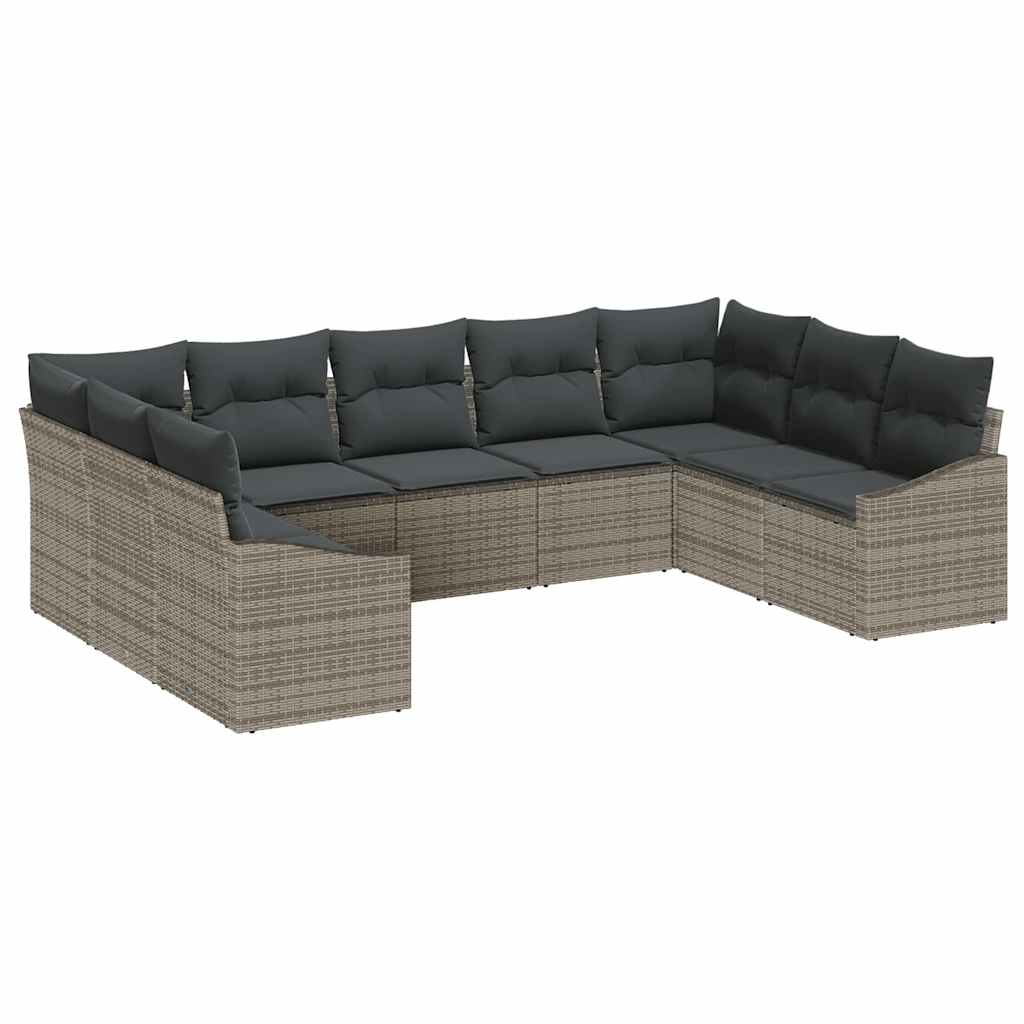Sofa Set with Cushion 9 pcs Grey Poly Rattan