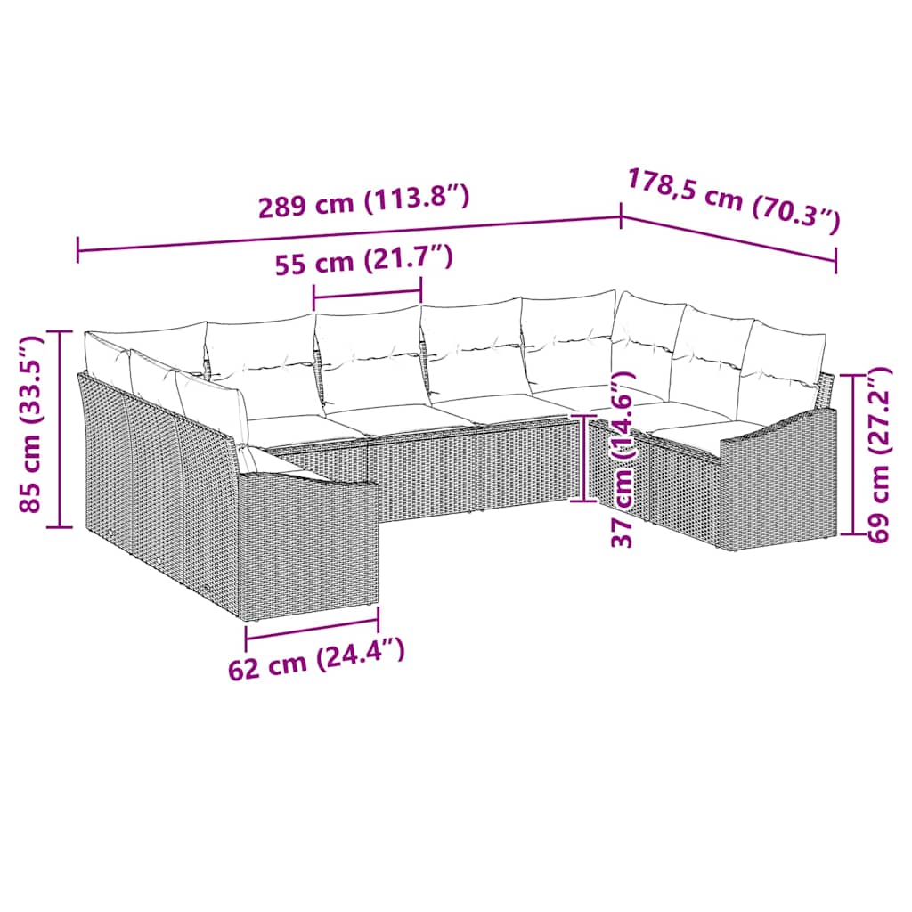 Sofa Set with Cushion 9 pcs Grey Poly Rattan