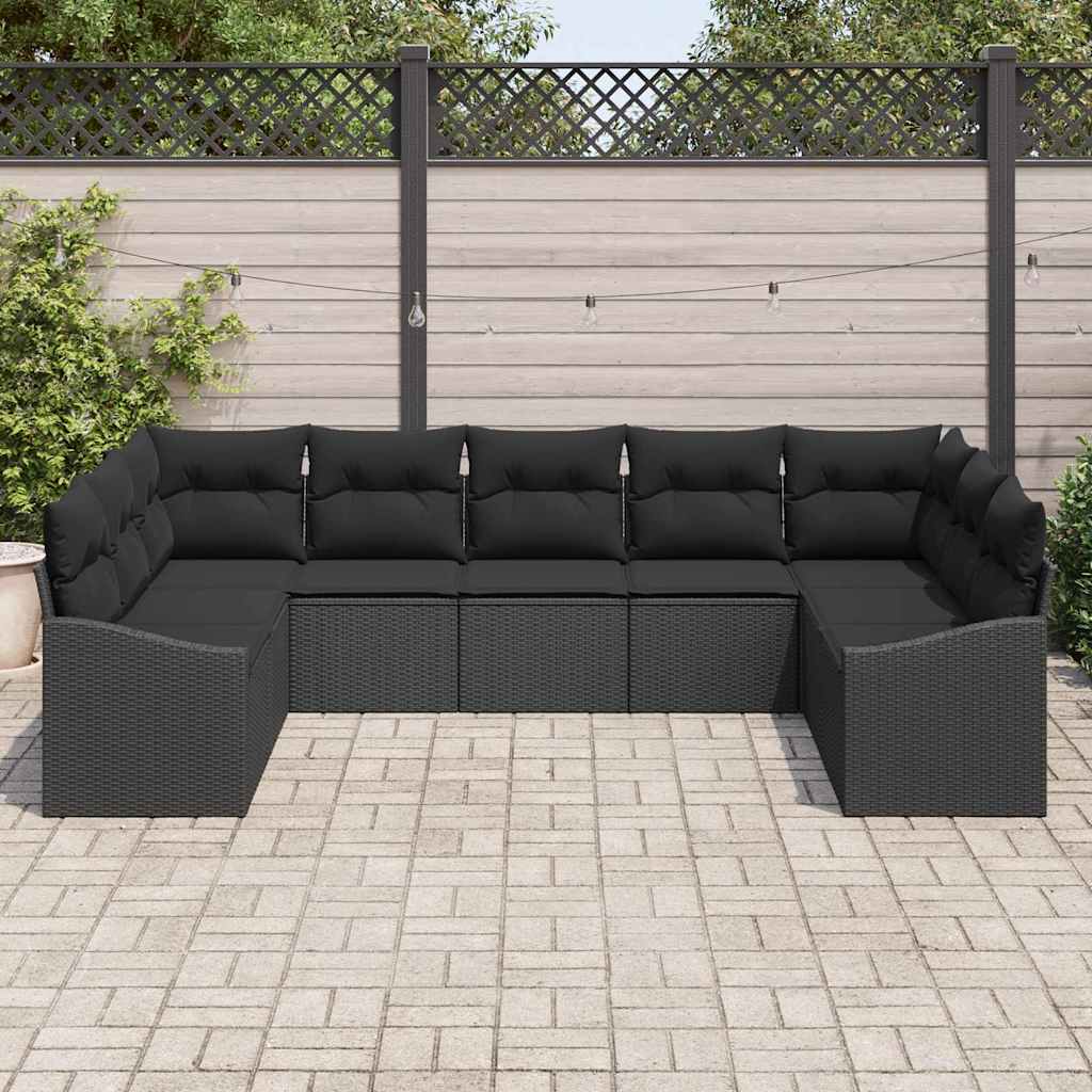 Sofa Set with Cushion 9 pcs Black Poly Rattan