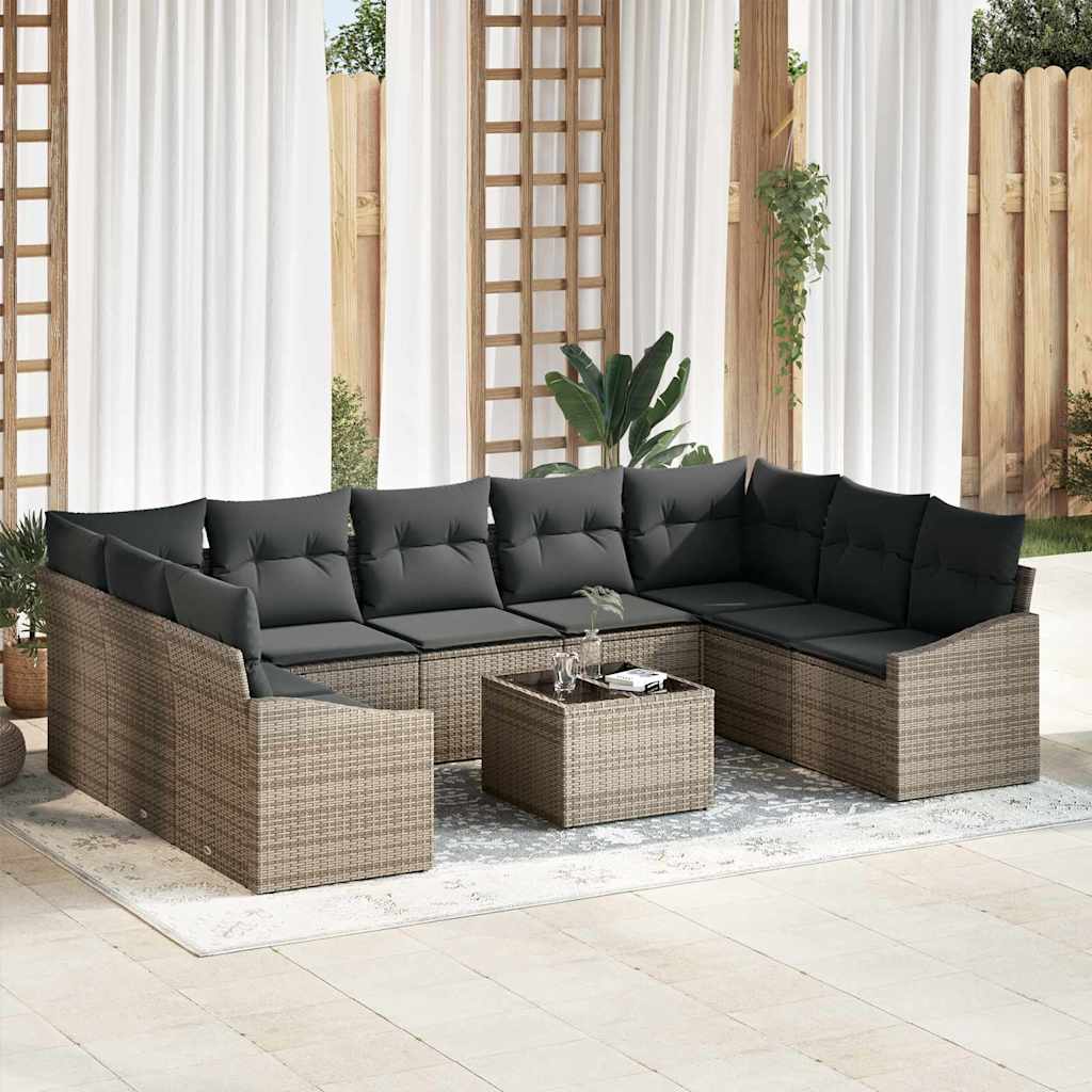 Sofa Set with Cushion 10 pcs Grey Poly Rattan