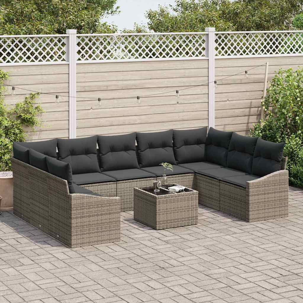 Sofa Set with Cushion 10 pcs Grey Poly Rattan