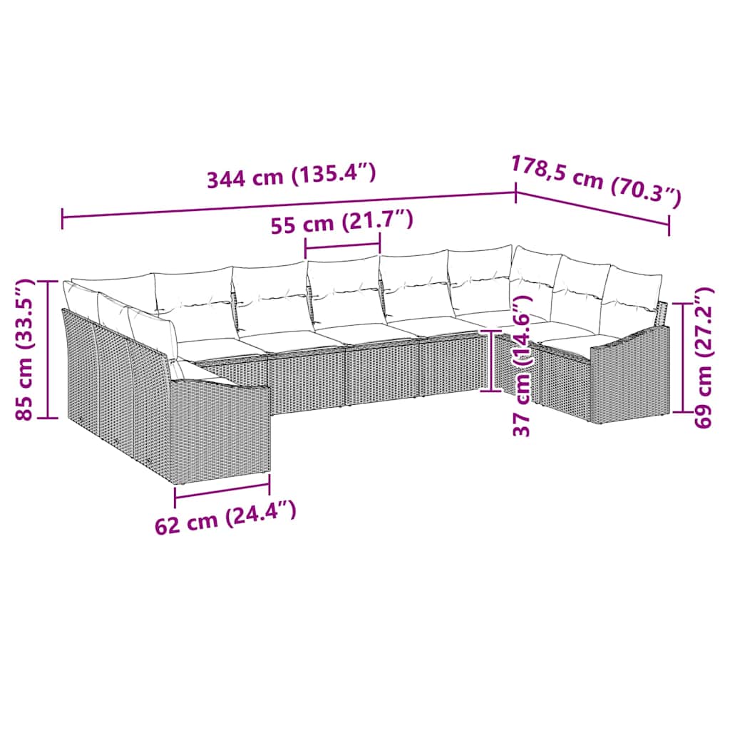 Sofa Set with Cushion 10 pcs Black Poly Rattan