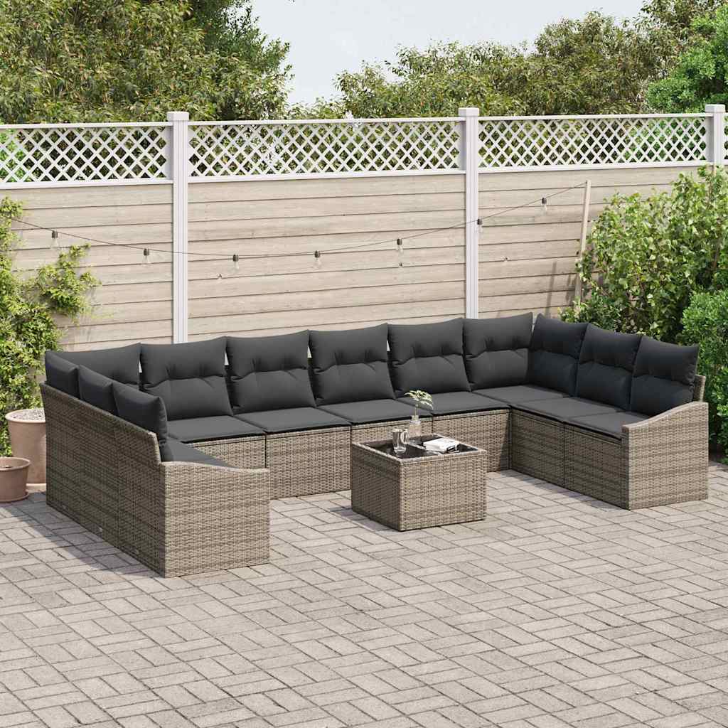 Sofa Set with Cushion 11 pcs Grey Poly Rattan