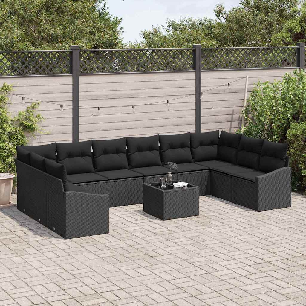 Sofa Set with Cushion 11 pcs Black Poly Rattan