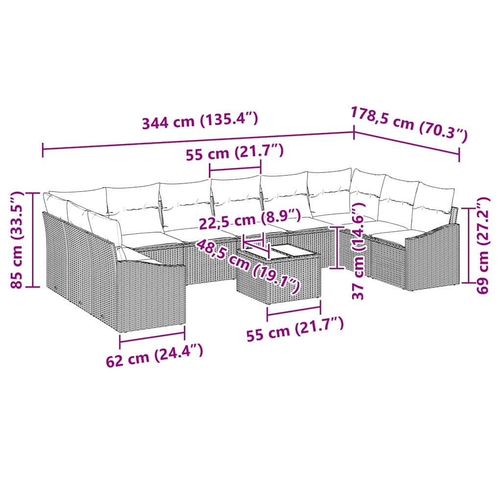 Sofa Set with Cushion 11 pcs Black Poly Rattan