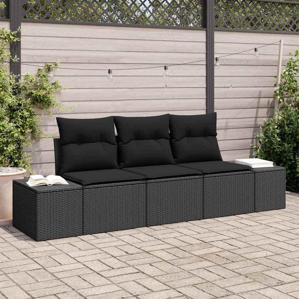 Sofa Set with Cushion 3 pcs Black Poly Rattan
