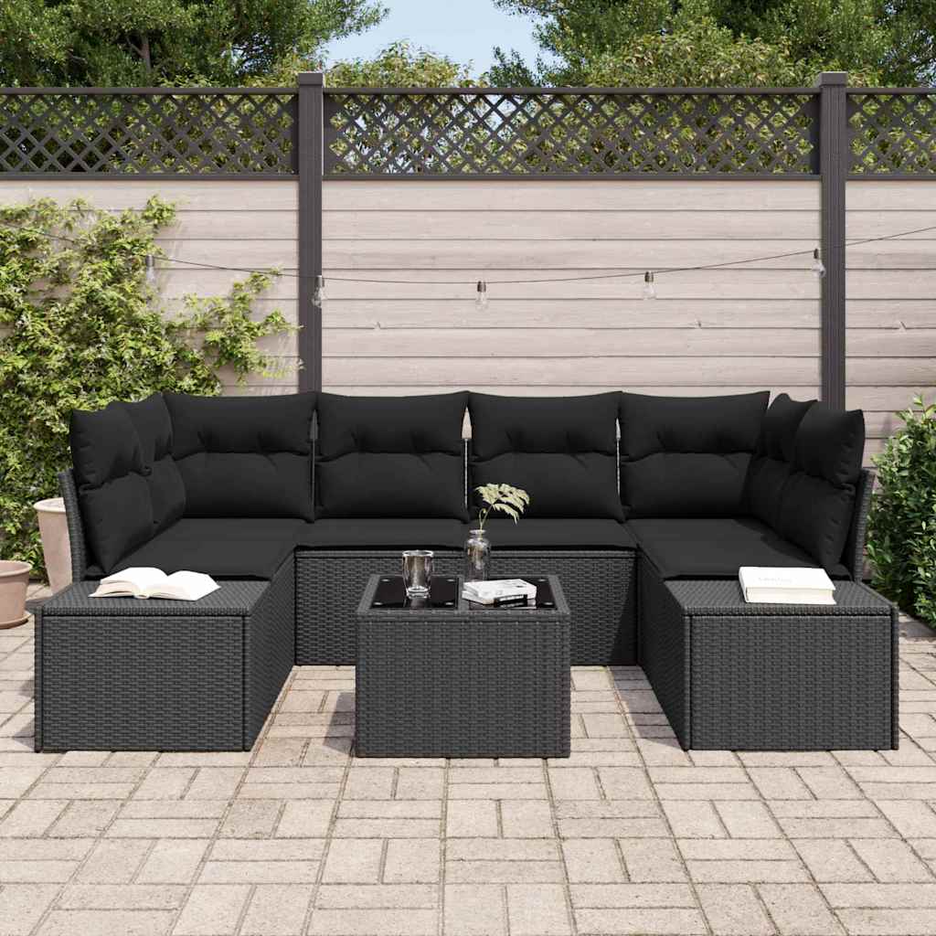 Garden Sofa Set with Cushion 7 pcs Black Poly Rattan