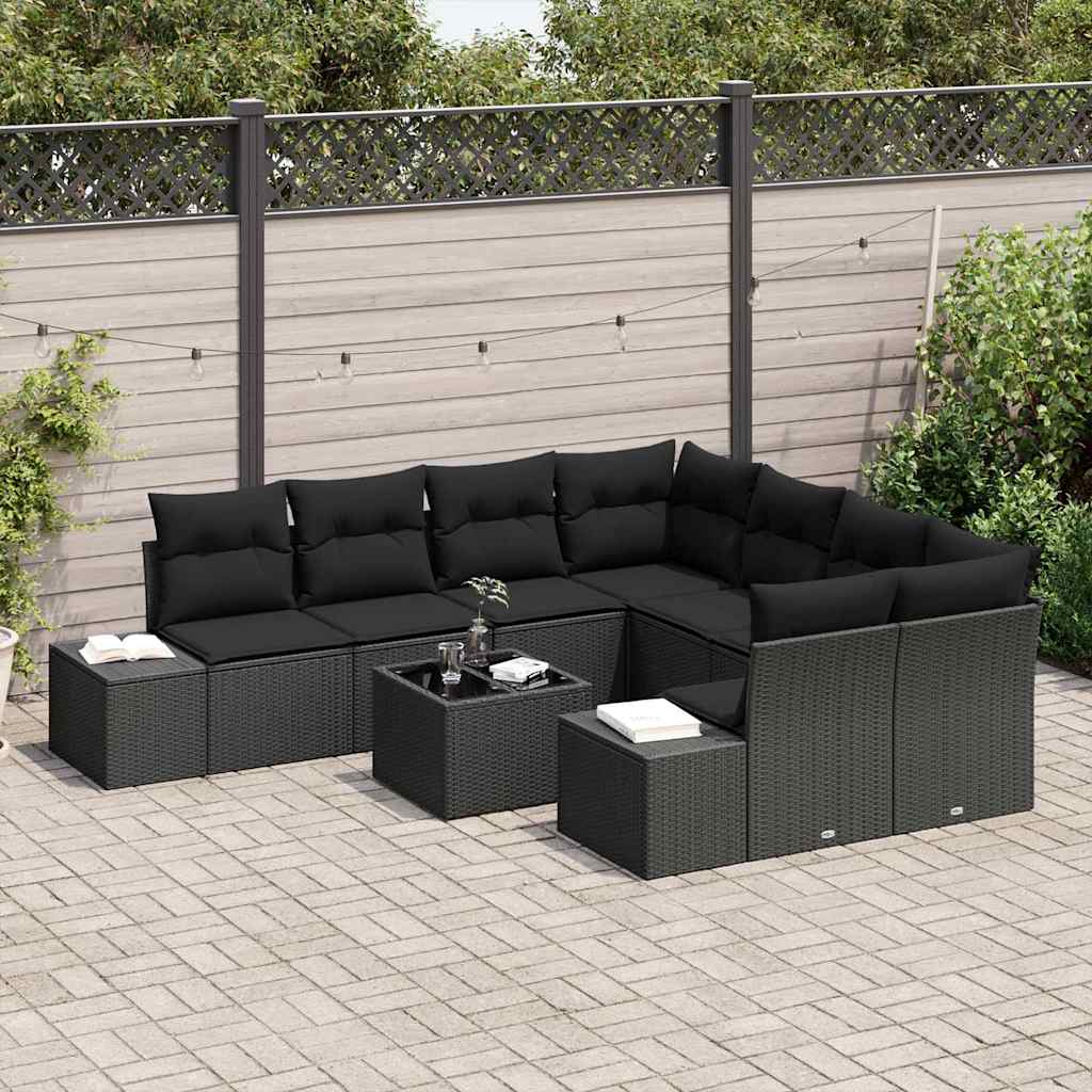 Garden Sofa Set with Cushion 9 pcs Black Poly Rattan