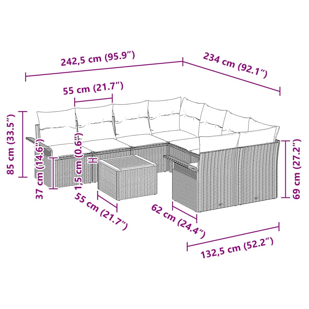 Garden Sofa Set 9 pcs Grey Poly rattan