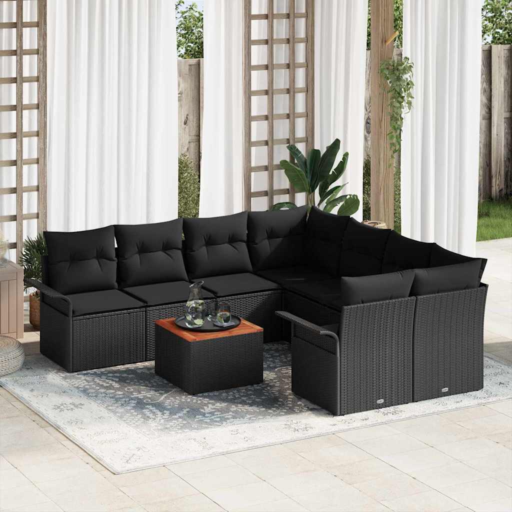 Garden Sofa Set with Cushion 9 pcs Black Poly Rattan