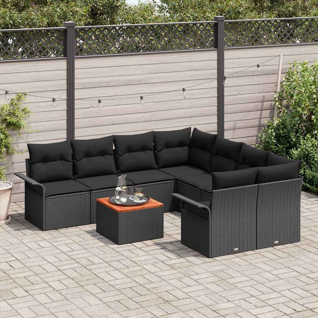 Garden Sofa Set with Cushion 9 pcs Black Poly Rattan