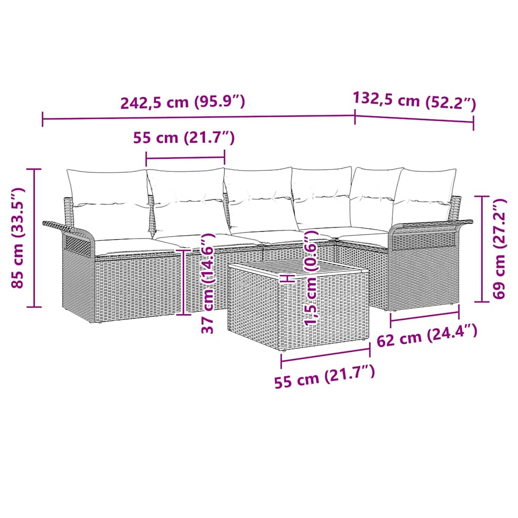Garden Sofa Set with Cushion 6 pcs Grey Poly Rattan