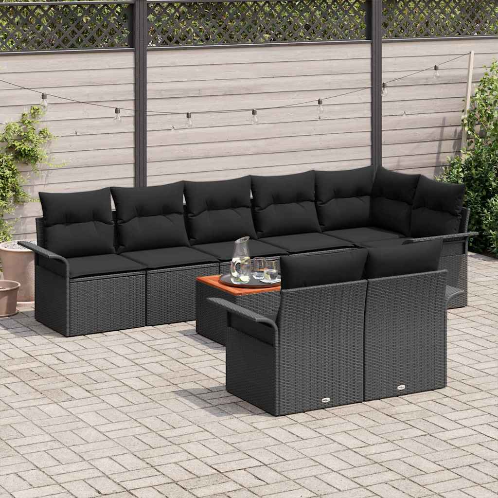Garden Sofa Set with Cushion 9 pcs Black Poly Rattan