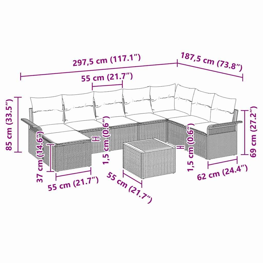 Garden Sofa Set with Cushion 9 pcs Grey Poly Rattan