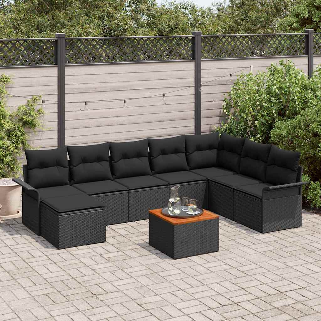 Garden Sofa Set with Cushion 9 pcs Black Poly Rattan