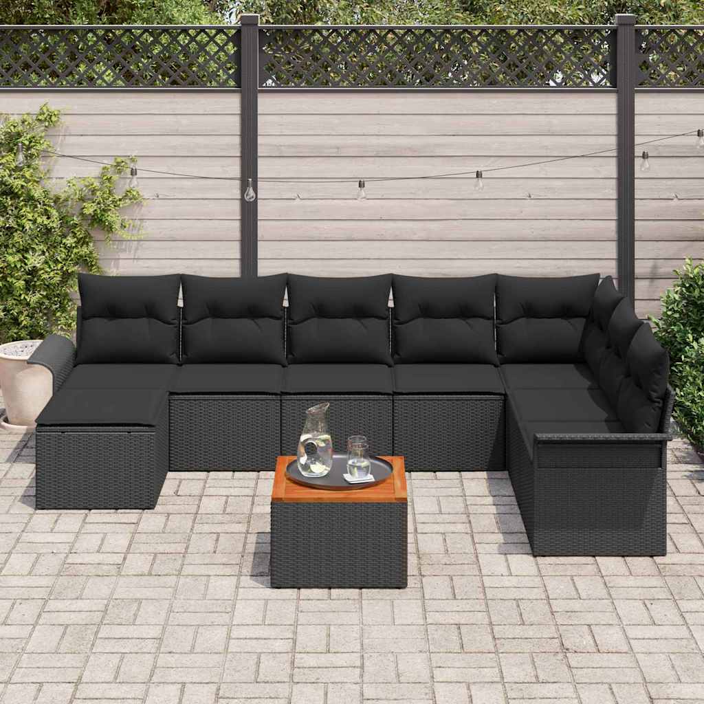 Garden Sofa Set with Cushion 9 pcs Black Poly Rattan
