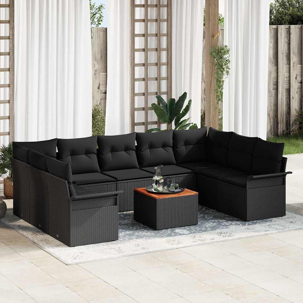 Garden Sofa Set with Cushion 10 pcs Black Poly Rattan