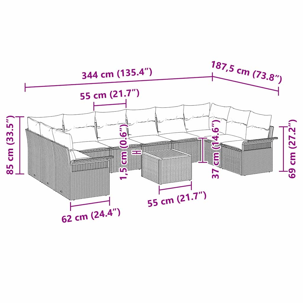 Garden Sofa Set with Cushion 11 pcs Black Poly Rattan