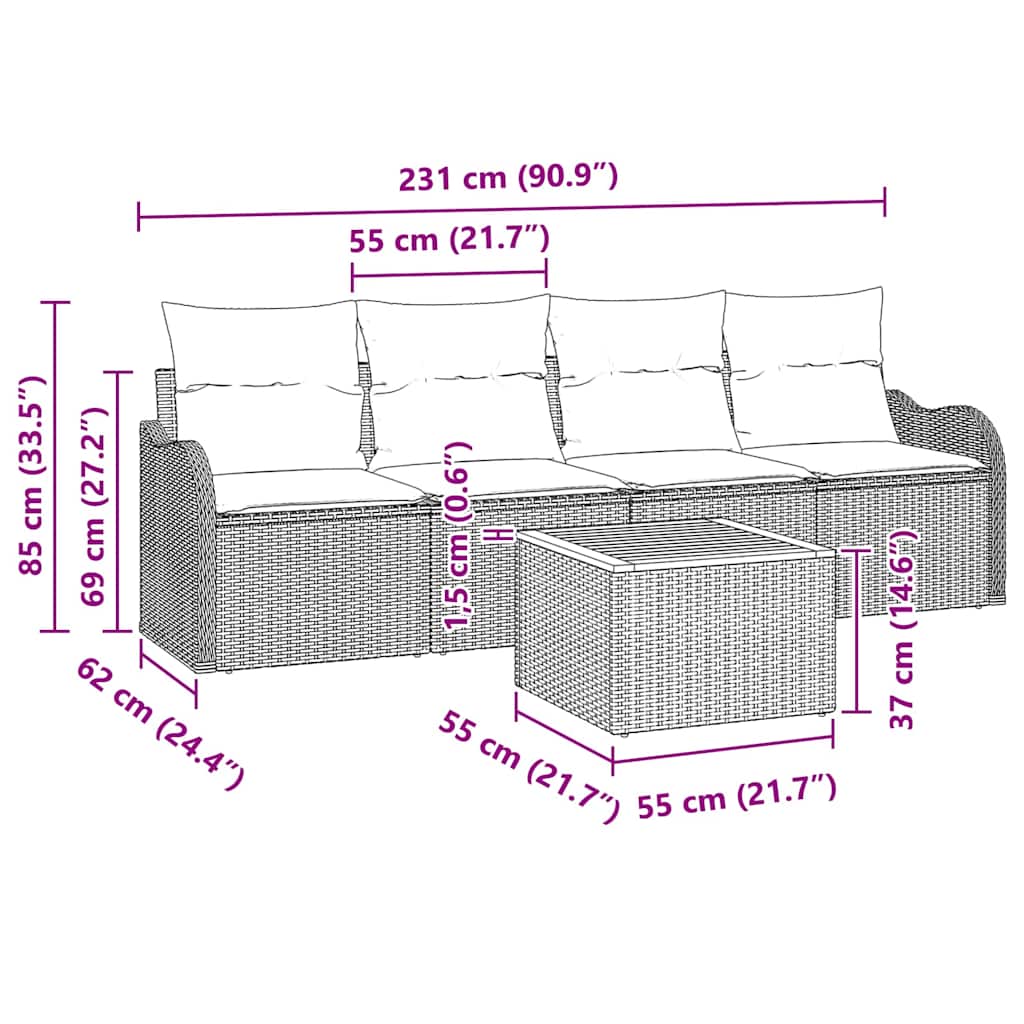 Garden Sofa Set with Cushion 5 pcs Grey Poly Rattan