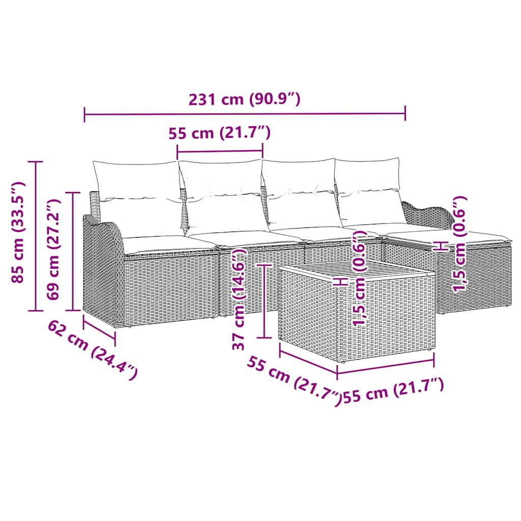 Garden Sofa Set with Cushion 6 pcs Grey Poly Rattan