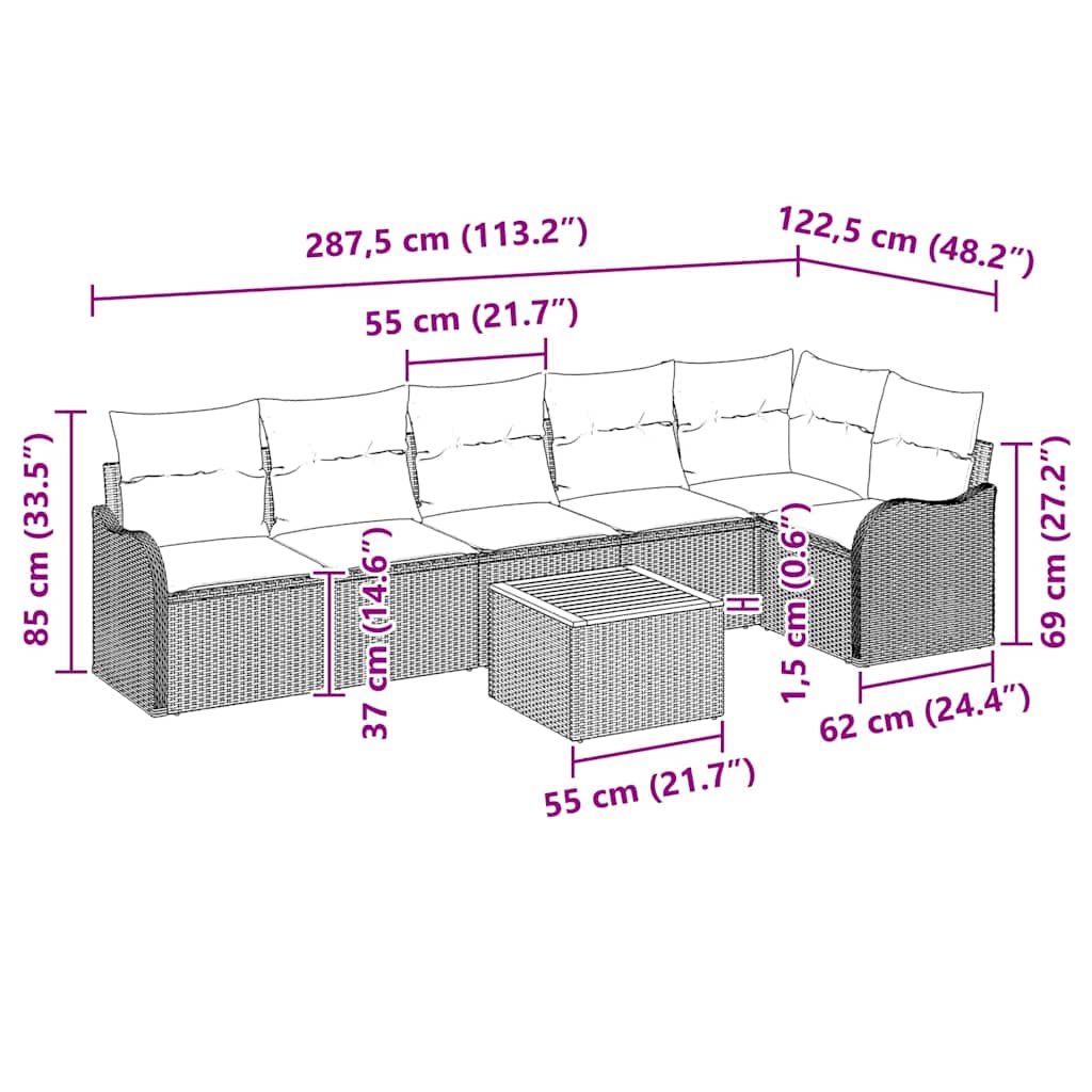 Garden Sofa Set with Cushion 7 pcs Grey Poly Rattan