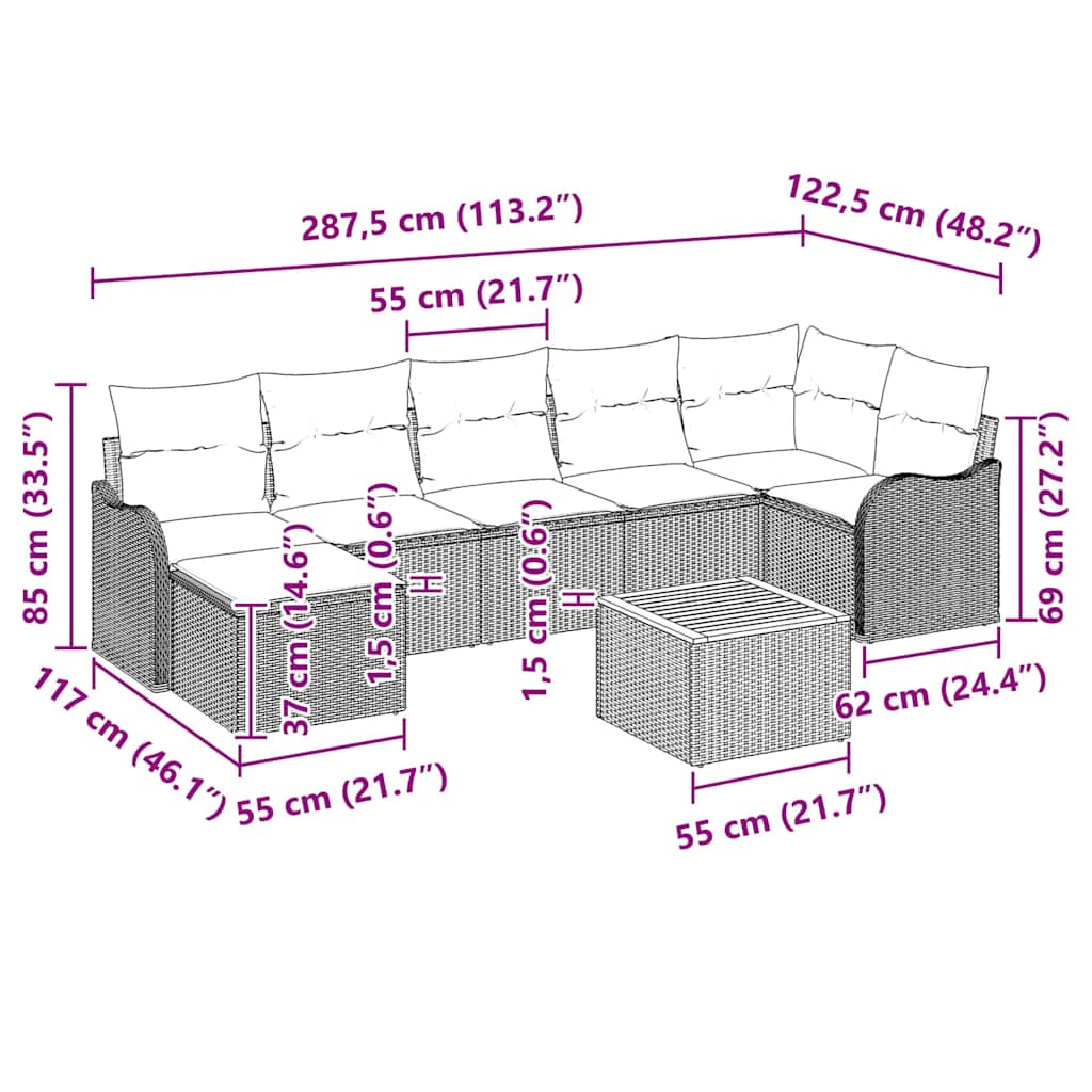 Garden Sofa Set with Cushion 8 pcs Grey Poly Rattan