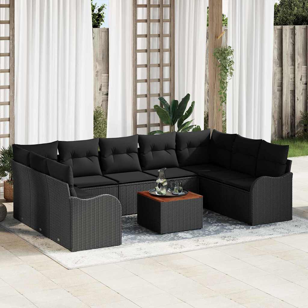 Garden Sofa Set with Cushion 10 pcs Black Poly Rattan