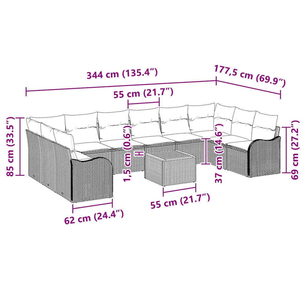 Garden Sofa Set with Cushion 11 pcs Grey Poly Rattan