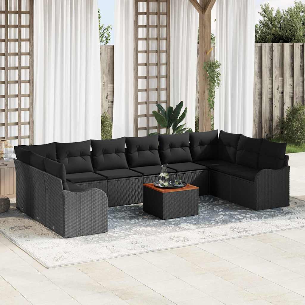 Garden Sofa Set with Cushion 11 pcs Black Poly Rattan