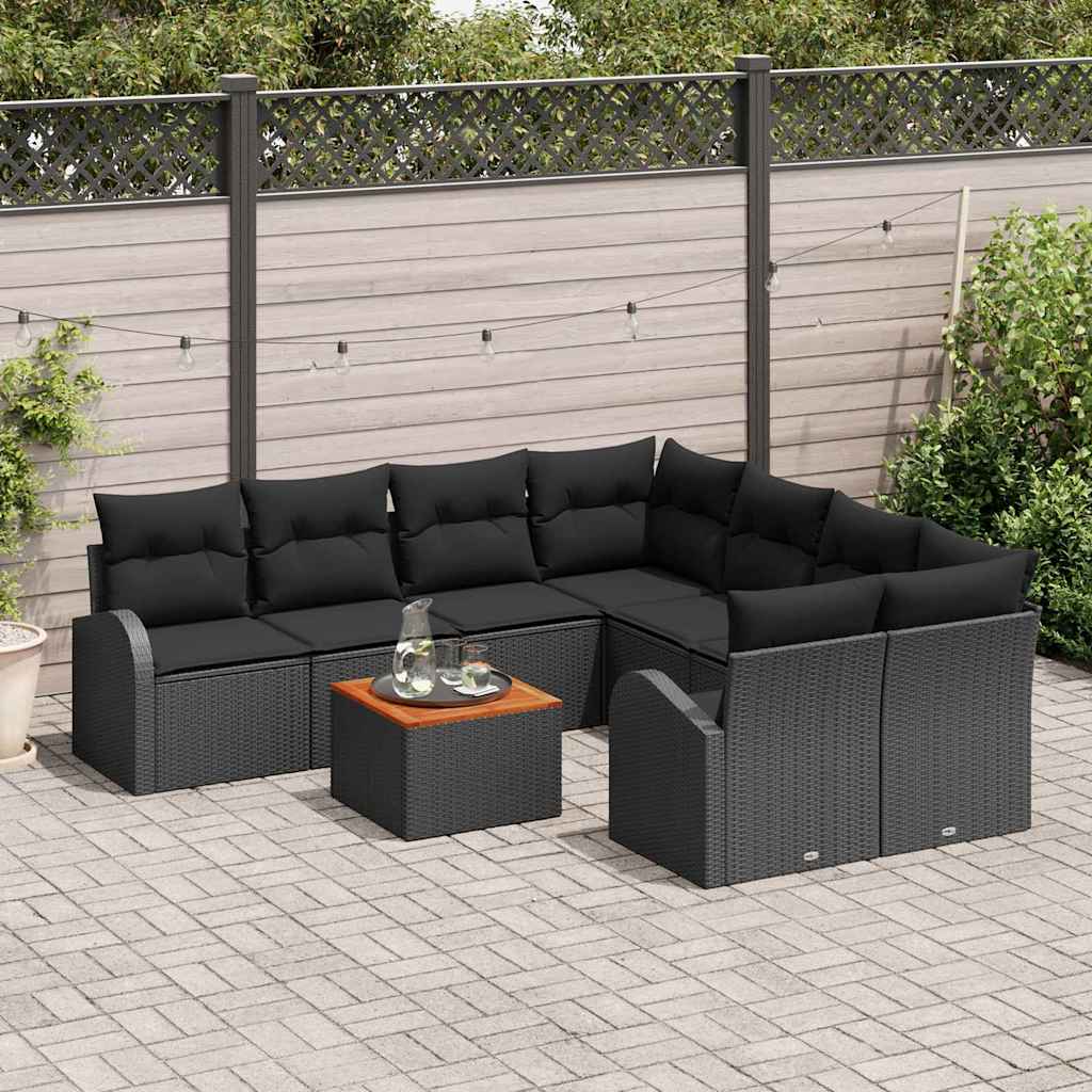 Garden Sofa Set with Cushion 9 pcs Black Poly Rattan