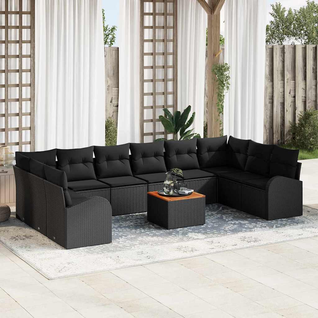 Garden Sofa Set with Cushion 11 pcs Black Poly Rattan