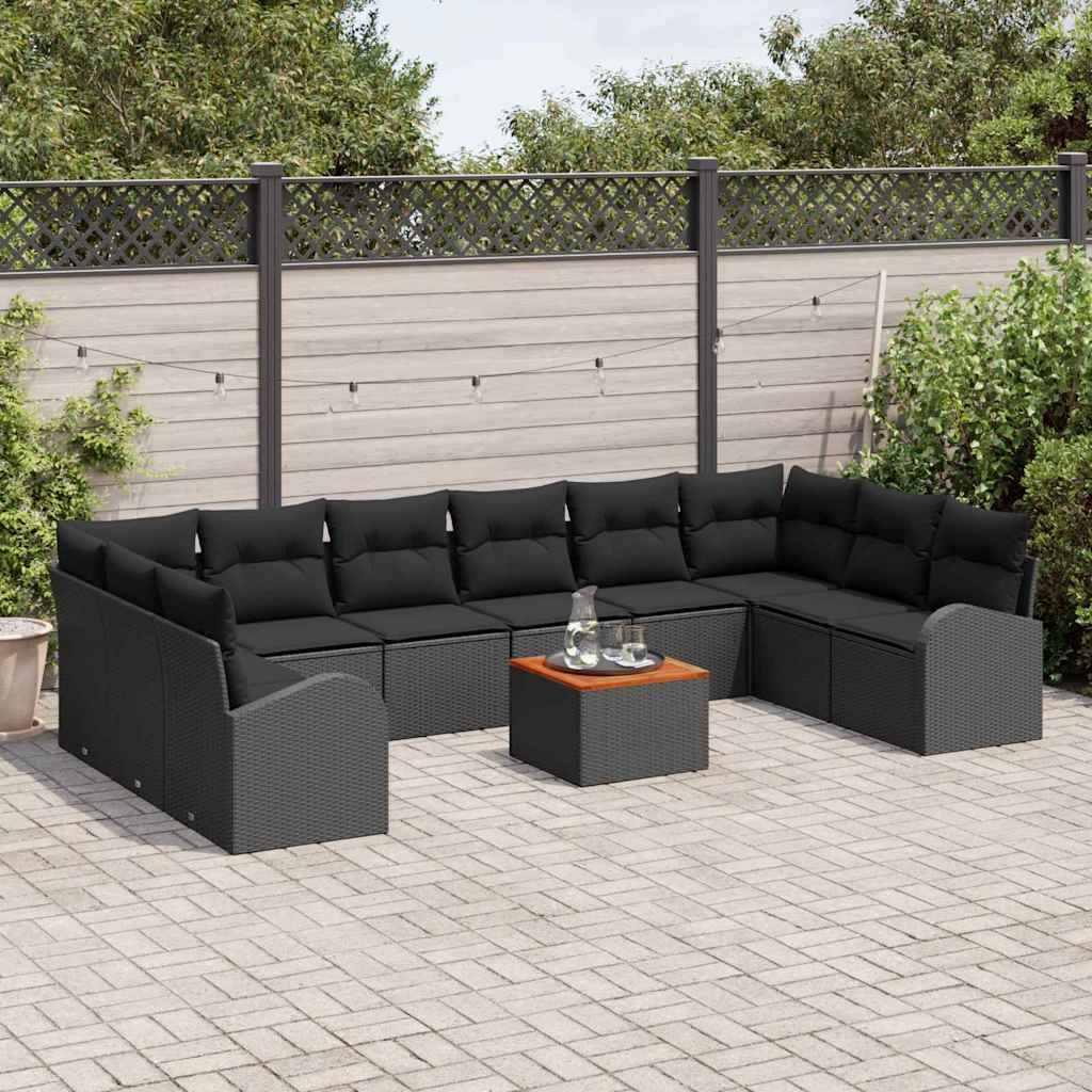 Garden Sofa Set with Cushion 11 pcs Black Poly Rattan