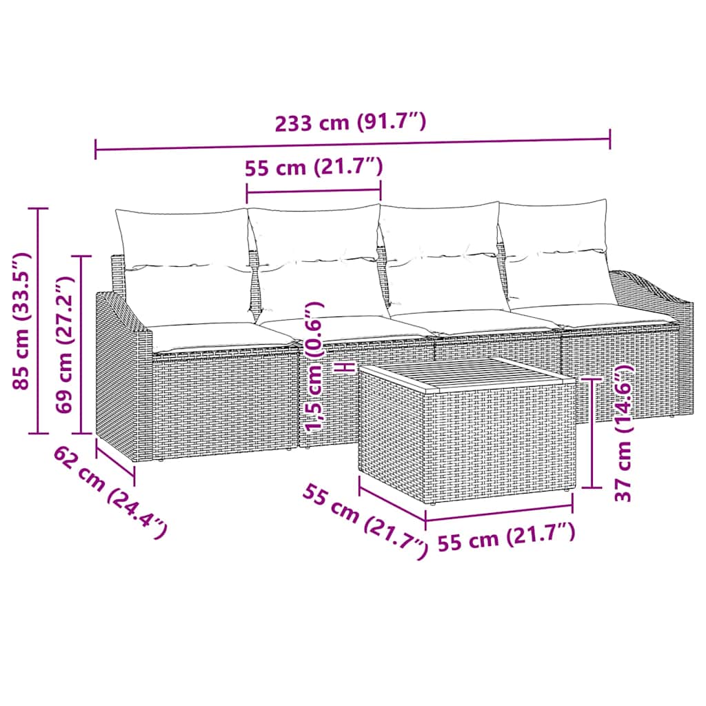 Garden Sofa Set with Cushion 5 pcs Grey Poly Rattan