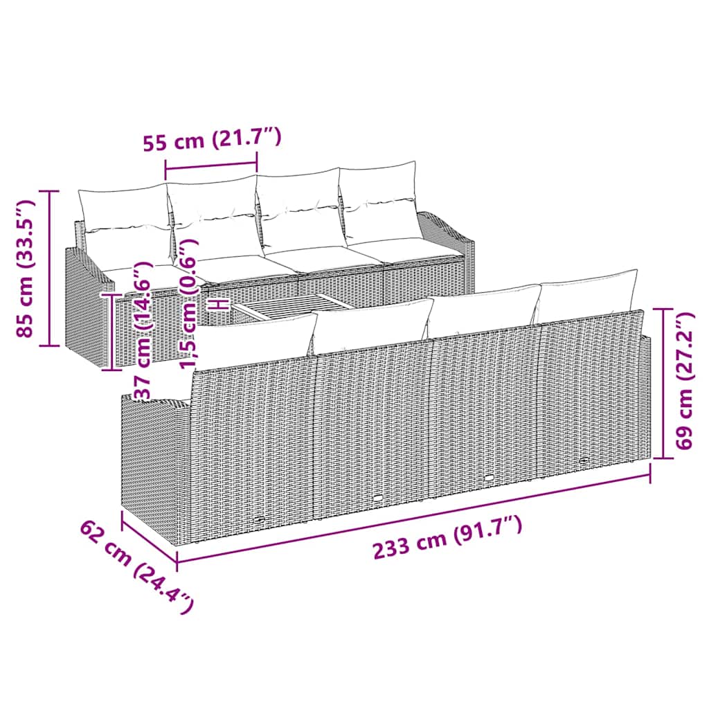 Garden Sofa Set with Cushion 9 pcs Grey Poly Rattan