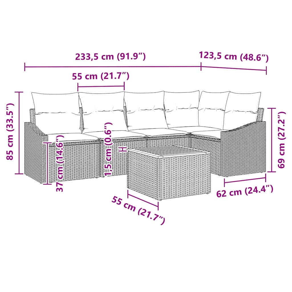Garden Sofa Set with Cushion 6 pcs Grey Poly Rattan
