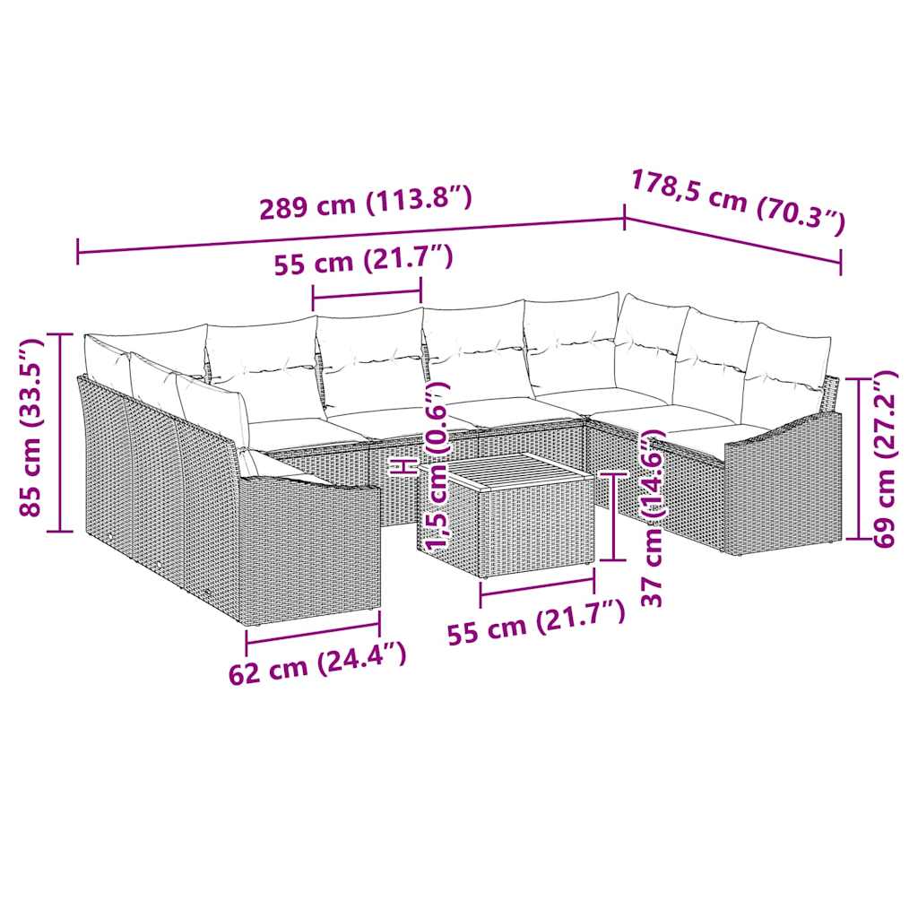 Garden Sofa Set with Cushion 10 pcs Grey Poly Rattan