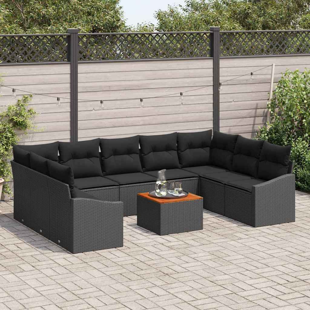 Garden Sofa Set with Cushion 10 pcs Black Poly Rattan