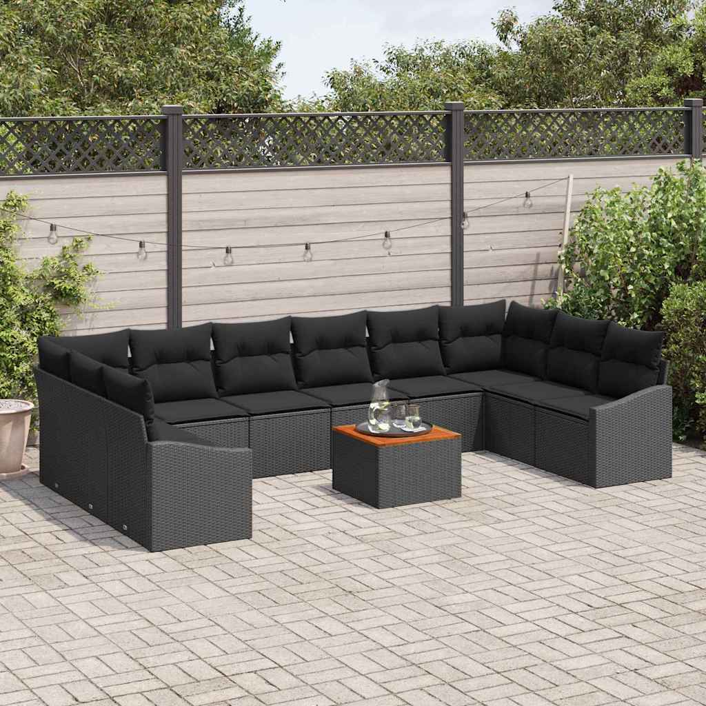 Garden Sofa Set with Cushion 11 pcs Black Poly Rattan