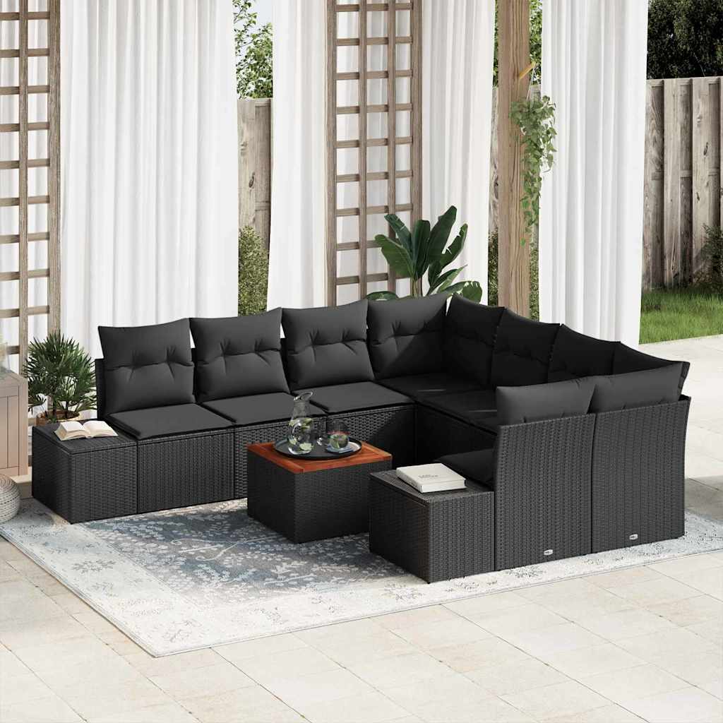 Garden Sofa Set with Cushion 9 pcs Black Poly Rattan