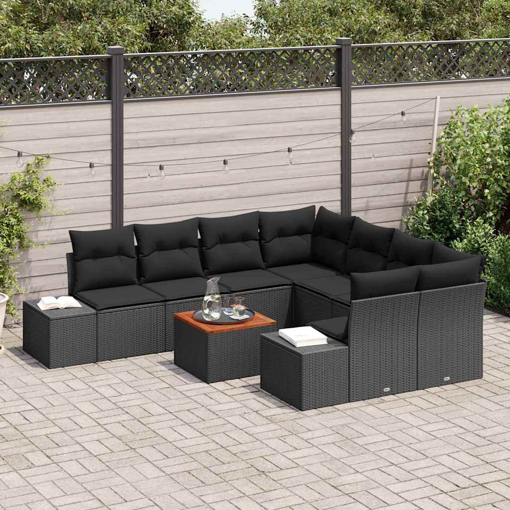 Garden Sofa Set with Cushion 9 pcs Black Poly Rattan