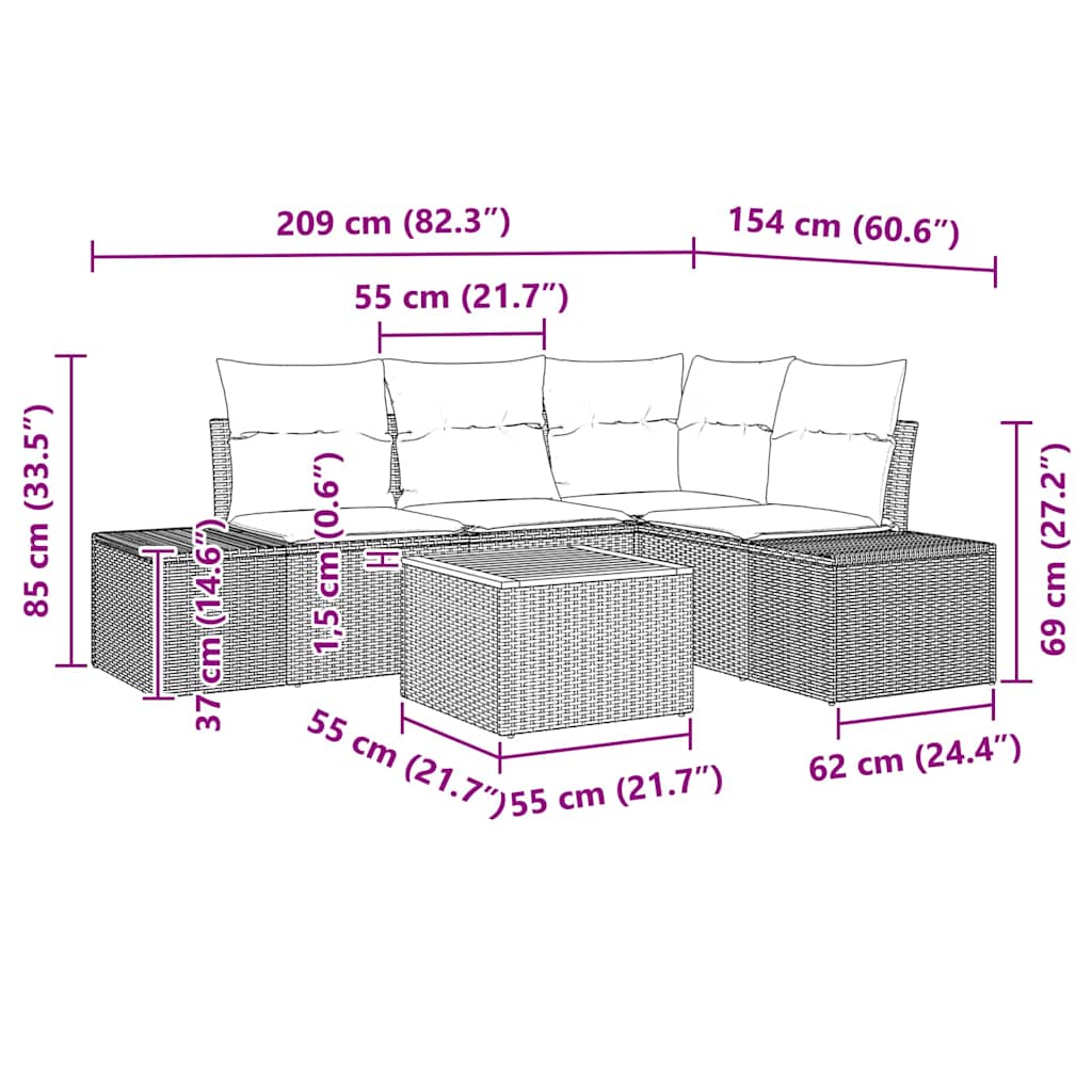 Garden Sofa Set with Cushion 5 pcs Black Poly Rattan