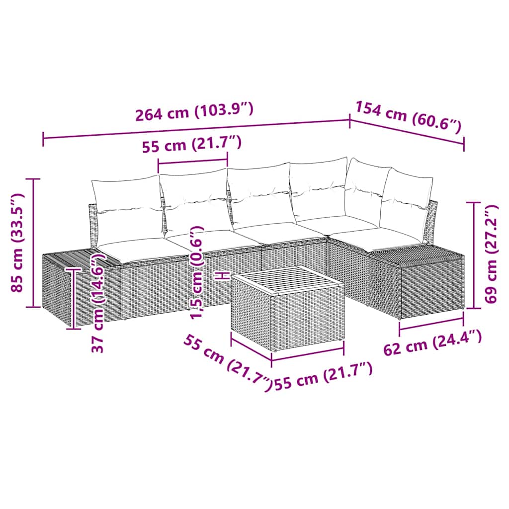 Garden Sofa Set with Cushion 6 pcs Black Poly Rattan
