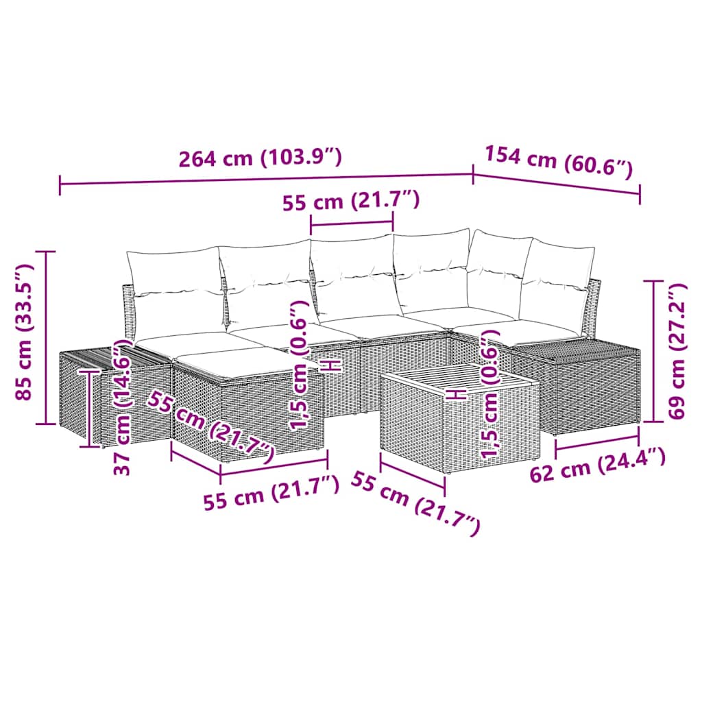 Garden Sofa Set with Cushion 7 pcs Black Poly Rattan