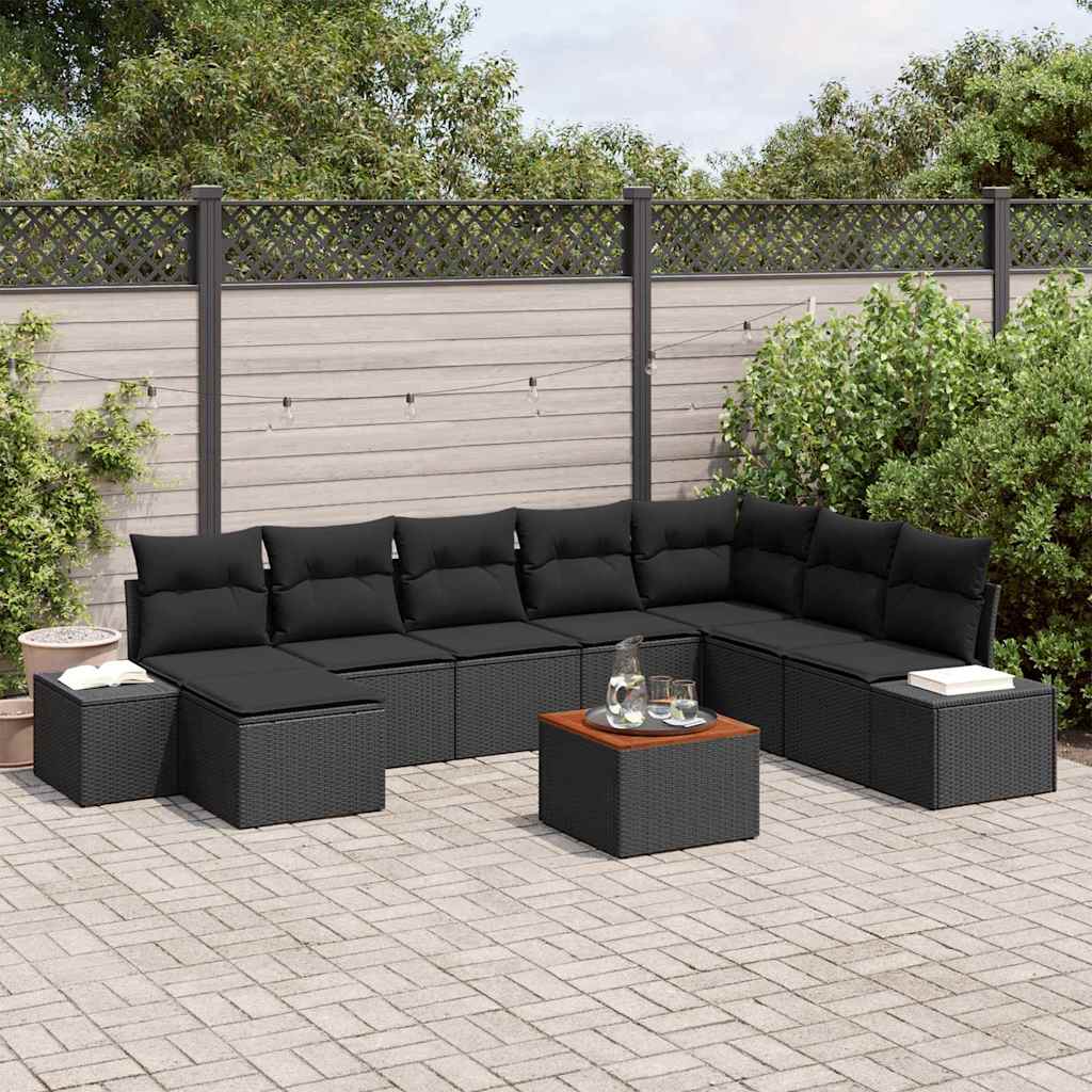 Garden Sofa Set with Cushion 9 pcs Black Poly Rattan