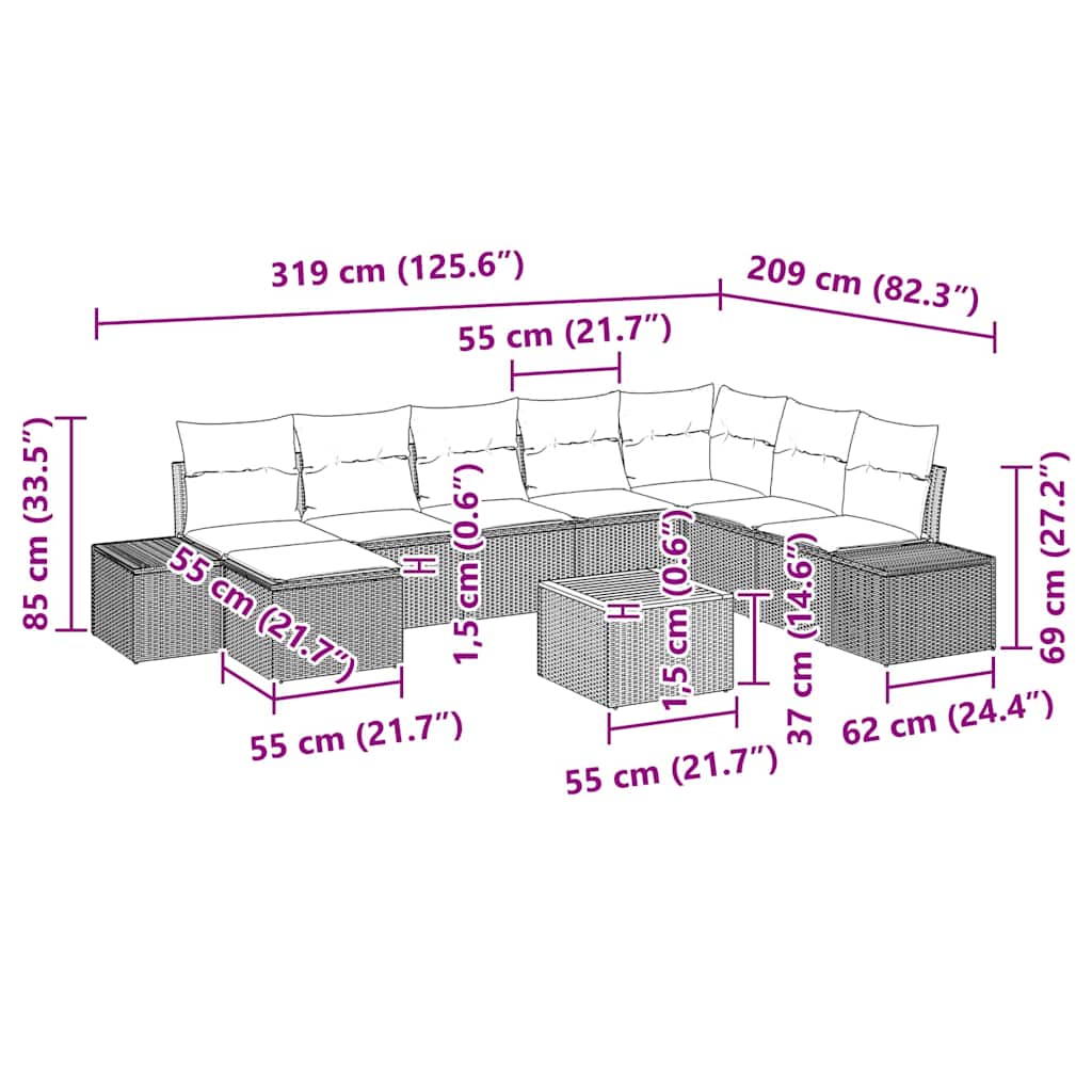 Garden Sofa Set with Cushion 9 pcs Black Poly Rattan