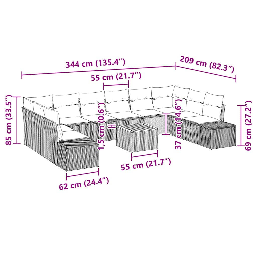 Garden Sofa Set with Cushion 11 pcs Black Poly Rattan