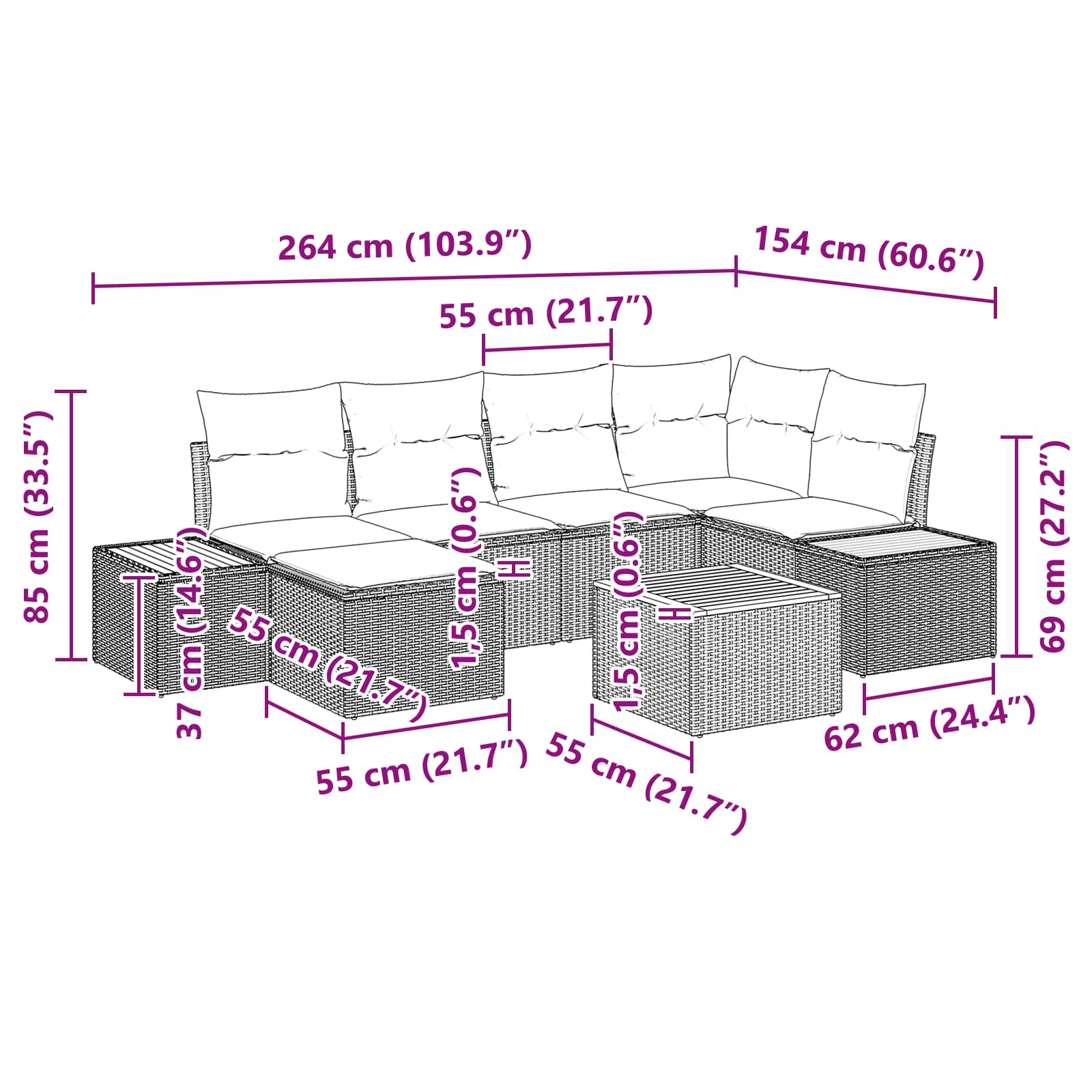 Garden Sofa Set with Cushion 7 pcs Black Poly Rattan